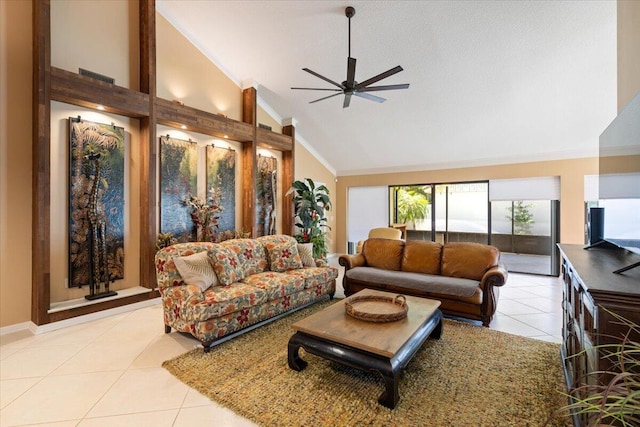 2646 Mohawk Cir, West Palm Beach, FL 33409 - living area with high vaulted ceiling, light tile patterned flooring, ceiling fan, and crown molding