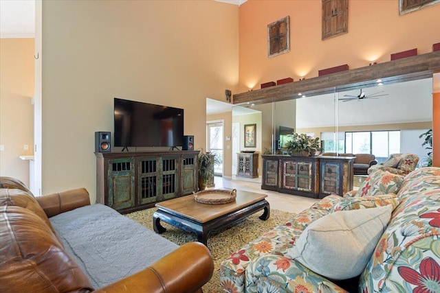 2646 Mohawk Cir, West Palm Beach, FL 33409 - tiled living area with a high ceiling and a ceiling fan