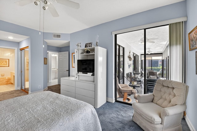 7824 Lexington Club Blvd Unit A, Delray Beach, FL 33446 - carpeted bedroom with access to outside, ensuite bath, and ceiling fan