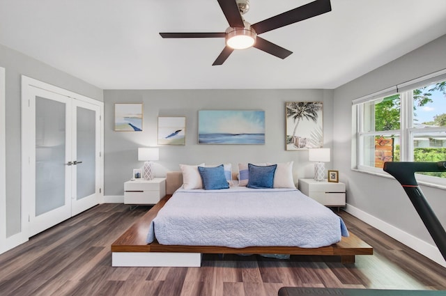 1170 S Drive Cir Unit B, Delray Beach, FL 33445 - bedroom with french doors, wood finished floors, and ceiling fan