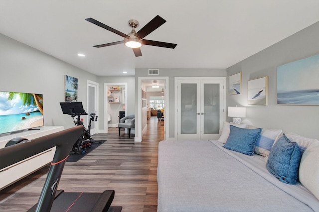 1170 S Drive Cir Unit B, Delray Beach, FL 33445 - bedroom featuring french doors, wood finished floors, recessed lighting, and a ceiling fan