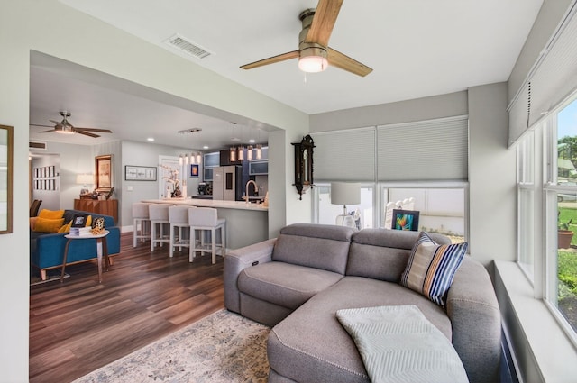 1170 S Drive Cir Unit B, Delray Beach, FL 33445 - living area with a ceiling fan, dark wood-style flooring, and recessed lighting