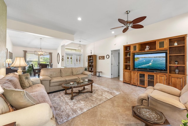 1200 SW Arrowhead Ct, Palm City, FL 34990 - living area featuring a ceiling fan, recessed lighting, light tile patterned floors, and a chandelier