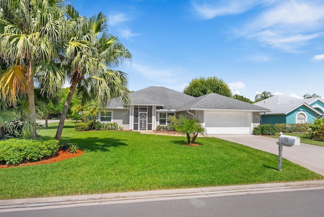 1200 SW Arrowhead Ct, Palm City, FL 34990 - ranch-style home with an attached garage, concrete driveway, stucco siding, a front yard, and a shingled roof