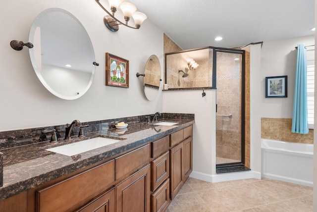 1200 SW Arrowhead Ct, Palm City, FL 34990 - bathroom featuring a shower stall, double vanity, a bath, tile patterned flooring, and recessed lighting