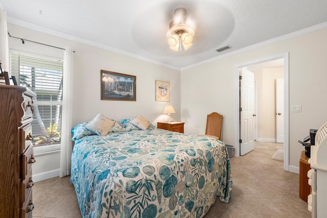 1200 SW Arrowhead Ct, Palm City, FL 34990 - bedroom with crown molding, light tile patterned floors, and a ceiling fan
