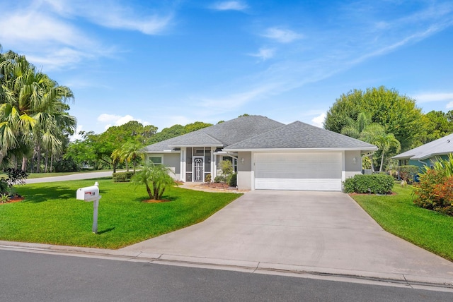 1200 SW Arrowhead Ct, Palm City, FL 34990 - ranch-style house featuring stucco siding, a garage, driveway, a front lawn, and a shingled roof