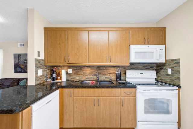 7853 W 36th Ave Unit 104, Hialeah, FL 33018 - kitchen featuring white appliances, dark stone counters, a peninsula, backsplash, and a textured ceiling