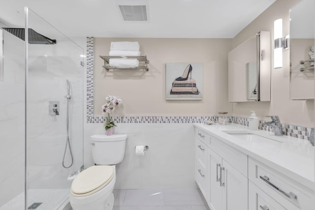 7853 W 36th Ave Unit 104, Hialeah, FL 33018 - bathroom with vanity, a marble finish shower, and tile walls