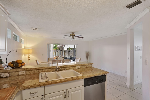3385 Seabreeze Ln, Margate, FL 33063 - kitchen featuring dishwasher, ceiling fan, crown molding, a textured ceiling, and light tile patterned floors