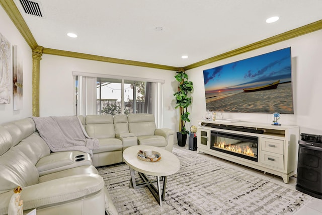 3385 Seabreeze Ln, Margate, FL 33063 - living area with ornamental molding, recessed lighting, and a glass covered fireplace