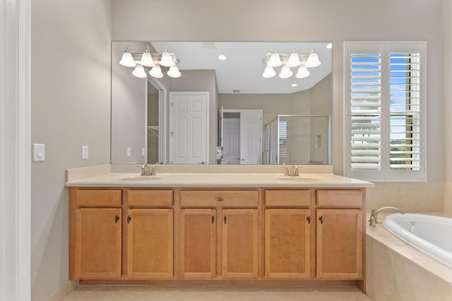 2854 Bellarosa Cir, Royal Palm Beach, FL 33411 - full bathroom featuring a shower stall, double vanity, a bath, and tile patterned flooring