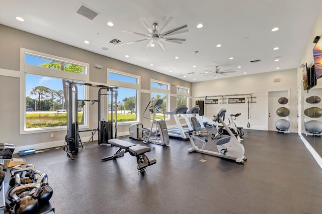 4610 SW Ardsley Dr, Stuart, FL 34997 - workout area with recessed lighting, ceiling fan, and a towering ceiling
