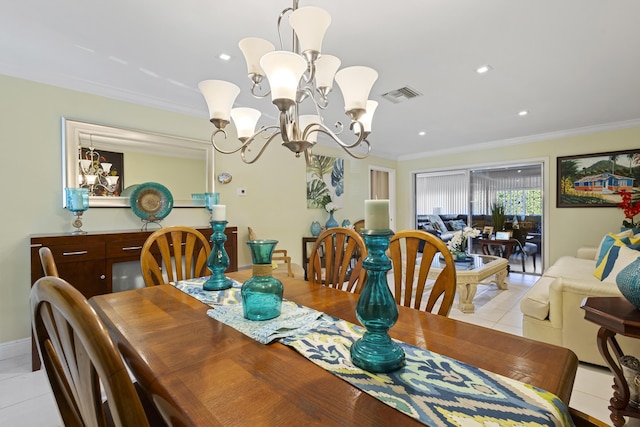 5800 Fernley Dr W Unit 54, West Palm Beach, FL 33415 - dining room with ornamental molding, light tile patterned floors, a chandelier, and recessed lighting