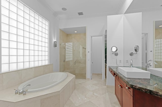 16284 Via Venetia W, Delray Beach, FL 33484 - bathroom featuring a shower stall, double vanity, a garden tub, and ornamental molding