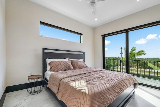 13480 US Highway 1, Juno Beach, FL 33408 - bedroom featuring access to exterior, recessed lighting, a ceiling fan, and marble finish floors