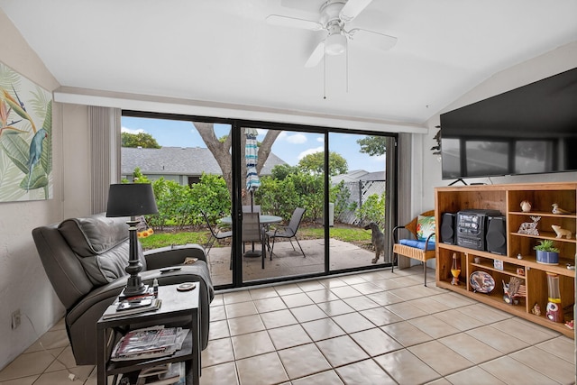 2640 Gately Dr W Unit 1604, West Palm Beach, FL 33415 - sitting room featuring lofted ceiling, light tile patterned floors, healthy amount of natural light, and a ceiling fan