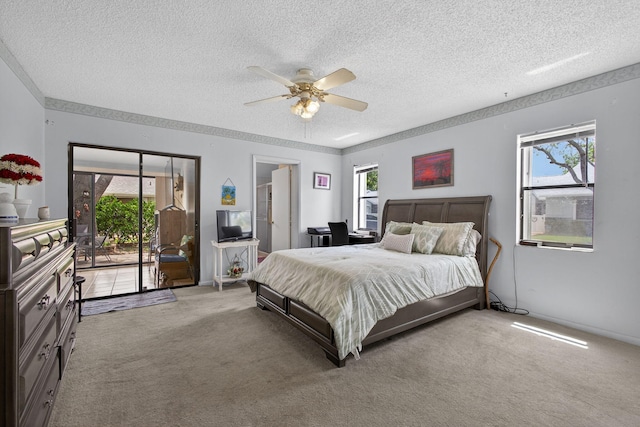 2640 Gately Dr W Unit 1604, West Palm Beach, FL 33415 - bedroom featuring access to exterior, light carpet, a textured ceiling, and a ceiling fan