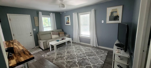 104 NE 5th St, Fort Lauderdale, FL 33301 - living room featuring wood finished floors and ceiling fan