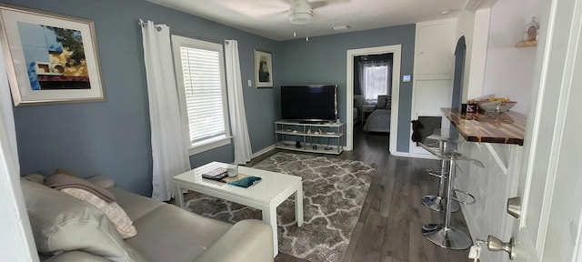 104 NE 5th St, Fort Lauderdale, FL 33301 - living room with a ceiling fan and dark wood-type flooring