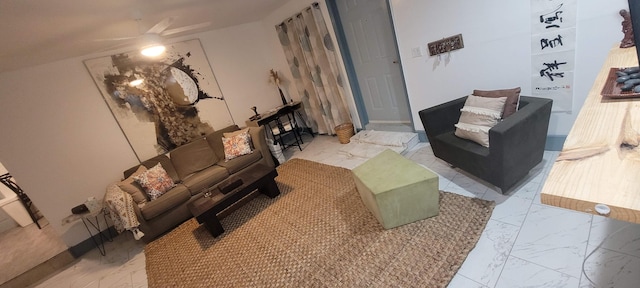 104 NE 5th St, Fort Lauderdale, FL 33301 - living area featuring marble look tiles and ceiling fan