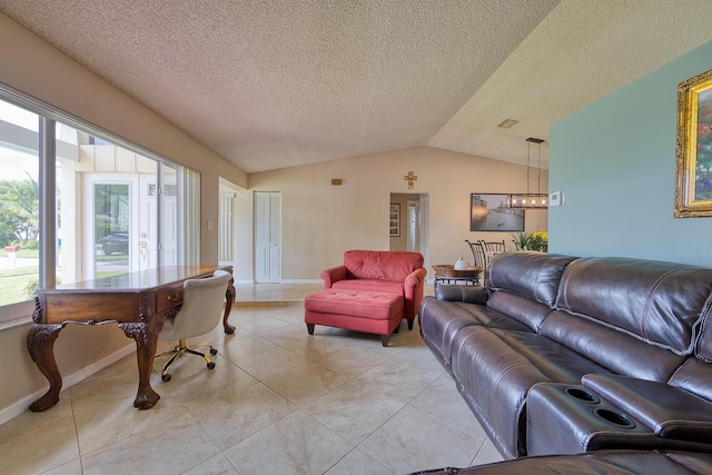 5330 NW 31st St, Margate, FL 33063 - living room with lofted ceiling, a chandelier, a textured ceiling, and light tile patterned floors