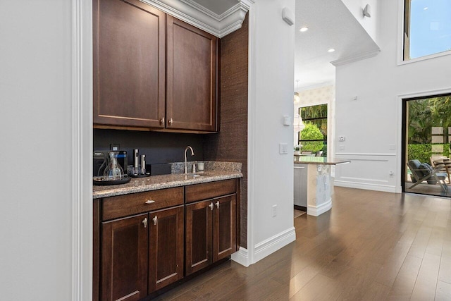 8199 Lost Creek Ln, Delray Beach, FL 33446 - indoor wet bar featuring ornamental molding, dark wood-style flooring, and recessed lighting