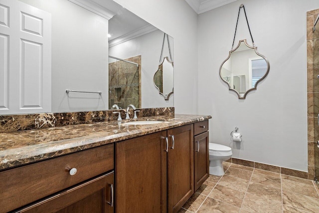 8199 Lost Creek Ln, Delray Beach, FL 33446 - bathroom with ornamental molding, a shower stall, vanity, and stone finish flooring