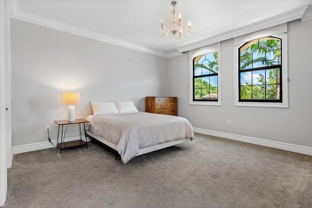 8199 Lost Creek Ln, Delray Beach, FL 33446 - bedroom featuring crown molding, a chandelier, carpet, and a textured ceiling
