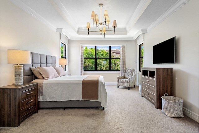 8199 Lost Creek Ln, Delray Beach, FL 33446 - bedroom featuring crown molding, a raised ceiling, a chandelier, and light carpet