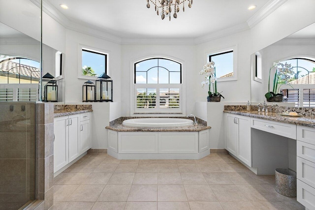 8199 Lost Creek Ln, Delray Beach, FL 33446 - full bathroom featuring two vanities, crown molding, plenty of natural light, a shower stall, and a garden tub