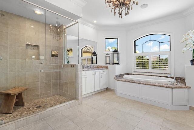 8199 Lost Creek Ln, Delray Beach, FL 33446 - bathroom featuring a chandelier, vanity, a bath, a shower stall, and tile patterned floors