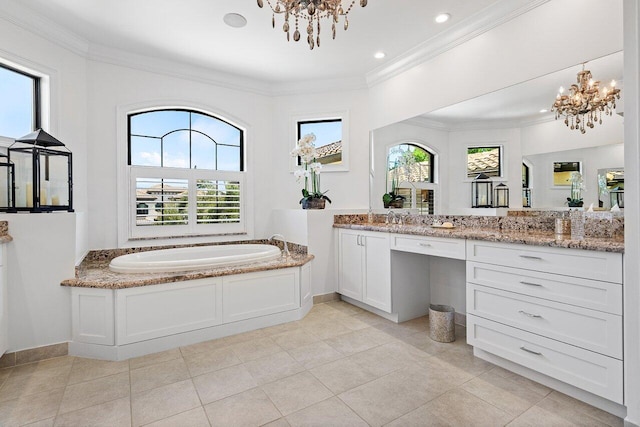 8199 Lost Creek Ln, Delray Beach, FL 33446 - full bath featuring a chandelier, vanity, a garden tub, ornamental molding, and tile patterned floors