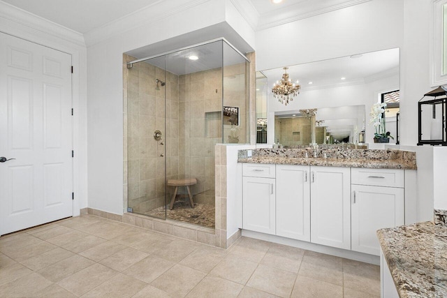 8199 Lost Creek Ln, Delray Beach, FL 33446 - full bathroom featuring a stall shower, vanity, crown molding, tile patterned flooring, and a chandelier