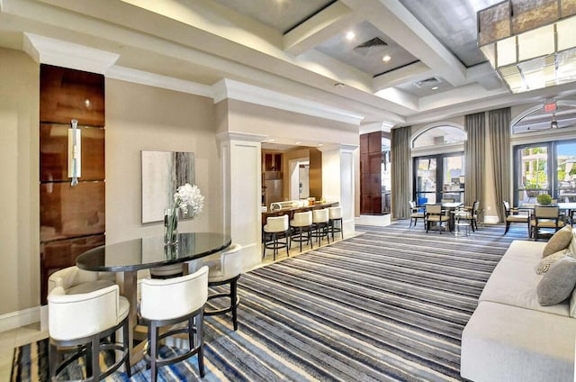8199 Lost Creek Ln, Delray Beach, FL 33446 - building lobby with coffered ceiling, beam ceiling, a high ceiling, and recessed lighting