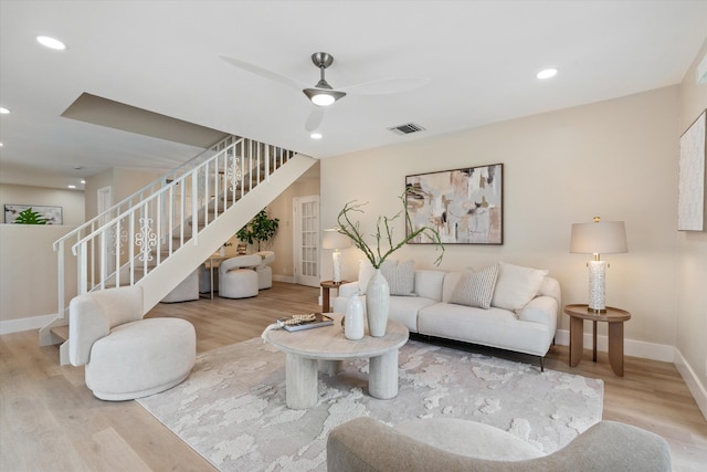 401 Vision Ct, Palm Beach Gardens, FL 33418 - living area with wood finished floors, stairway, ceiling fan, and recessed lighting
