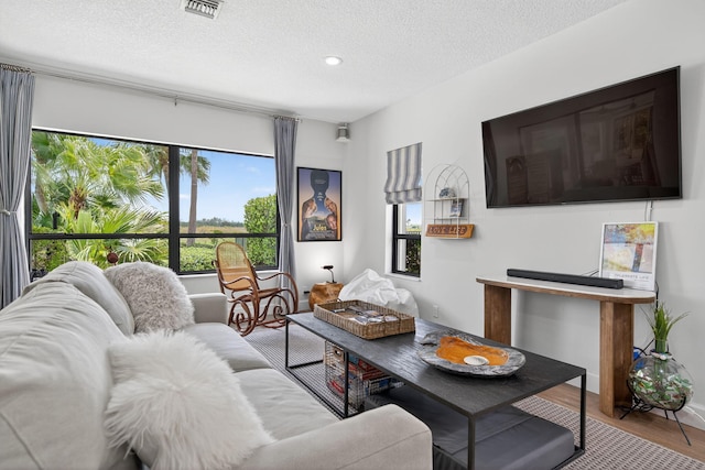 31 Dunbar Rd, Palm Beach Gardens, FL 33418 - living area featuring healthy amount of natural light, wood finished floors, a textured ceiling, and recessed lighting
