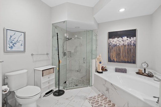 31 Dunbar Rd, Palm Beach Gardens, FL 33418 - bathroom featuring a bath, a marble finish shower, marble finish flooring, and recessed lighting