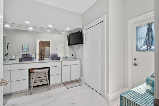 31 Dunbar Rd, Palm Beach Gardens, FL 33418 - bathroom with recessed lighting, marble finish floors, and double vanity