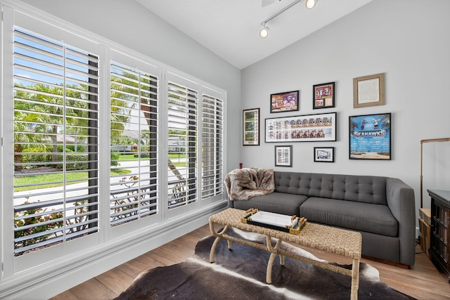 31 Dunbar Rd, Palm Beach Gardens, FL 33418 - living area with lofted ceiling, wood finished floors, plenty of natural light, and rail lighting