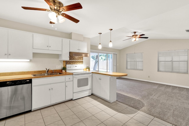 1360 39th Ave, Vero Beach, FL 32960 - kitchen with dishwasher, white electric range, under cabinet range hood, ceiling fan, and open floor plan