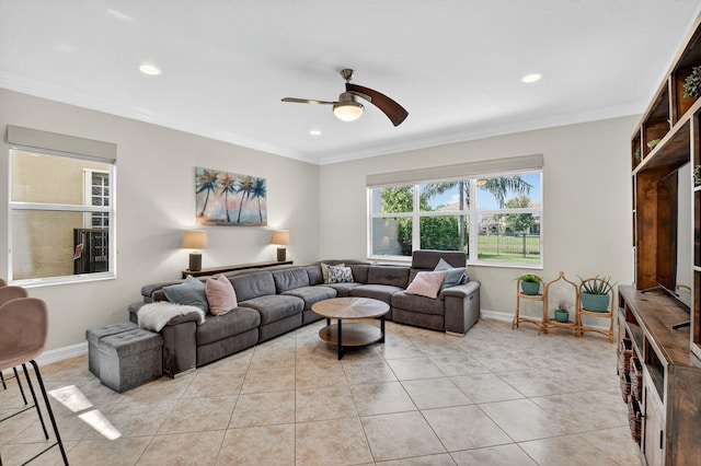 8110 Brigamar Isles Ave, Boynton Beach, FL 33473 - living area featuring a ceiling fan, crown molding, light tile patterned floors, and recessed lighting