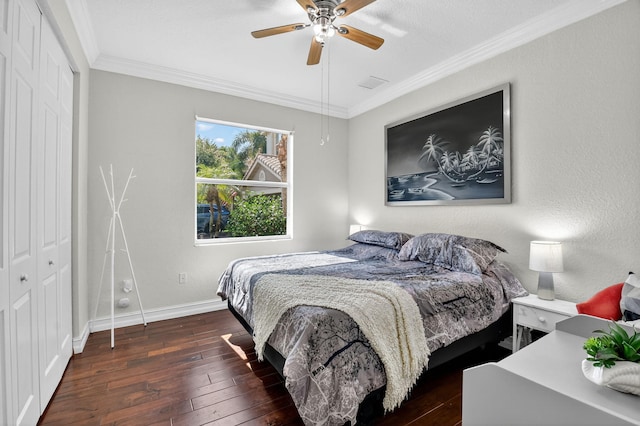 8110 Brigamar Isles Ave, Boynton Beach, FL 33473 - bedroom featuring hardwood / wood-style flooring, ornamental molding, a closet, and a ceiling fan