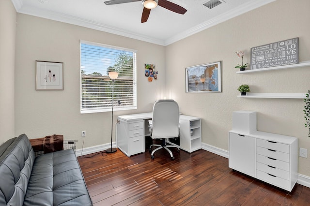 8110 Brigamar Isles Ave, Boynton Beach, FL 33473 - office with crown molding, ceiling fan, and dark wood finished floors