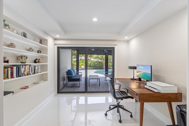 910 SW 21st St, Boca Raton, FL 33486 - tiled office featuring french doors, built in shelves, recessed lighting, and a tray ceiling