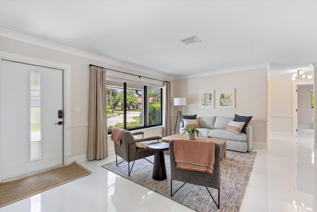 910 SW 21st St, Boca Raton, FL 33486 - living area with ornamental molding and a chandelier