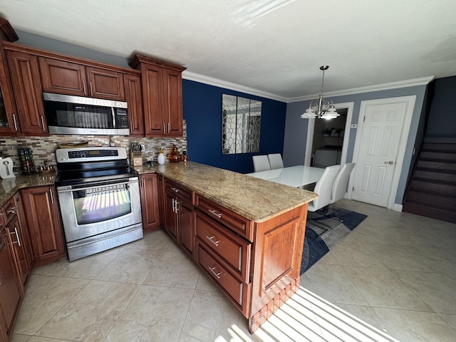 674 Springdale Cir, Palm Springs, FL 33461 - kitchen with appliances with stainless steel finishes, tasteful backsplash, a peninsula, stone counters, and crown molding