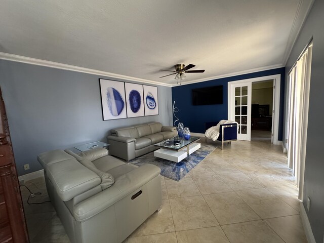 674 Springdale Cir, Palm Springs, FL 33461 - living area featuring crown molding, a ceiling fan, french doors, and light tile patterned flooring