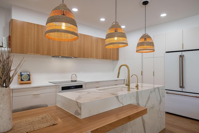 3245 Wymberly Dr, Jupiter, FL 33458 - kitchen featuring white appliances, modern cabinets, light stone countertops, pendant lighting, and recessed lighting