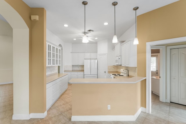918 SW Blue Stem Way, Stuart, FL 34997 - kitchen featuring white appliances, ceiling fan, decorative backsplash, recessed lighting, and light tile patterned flooring